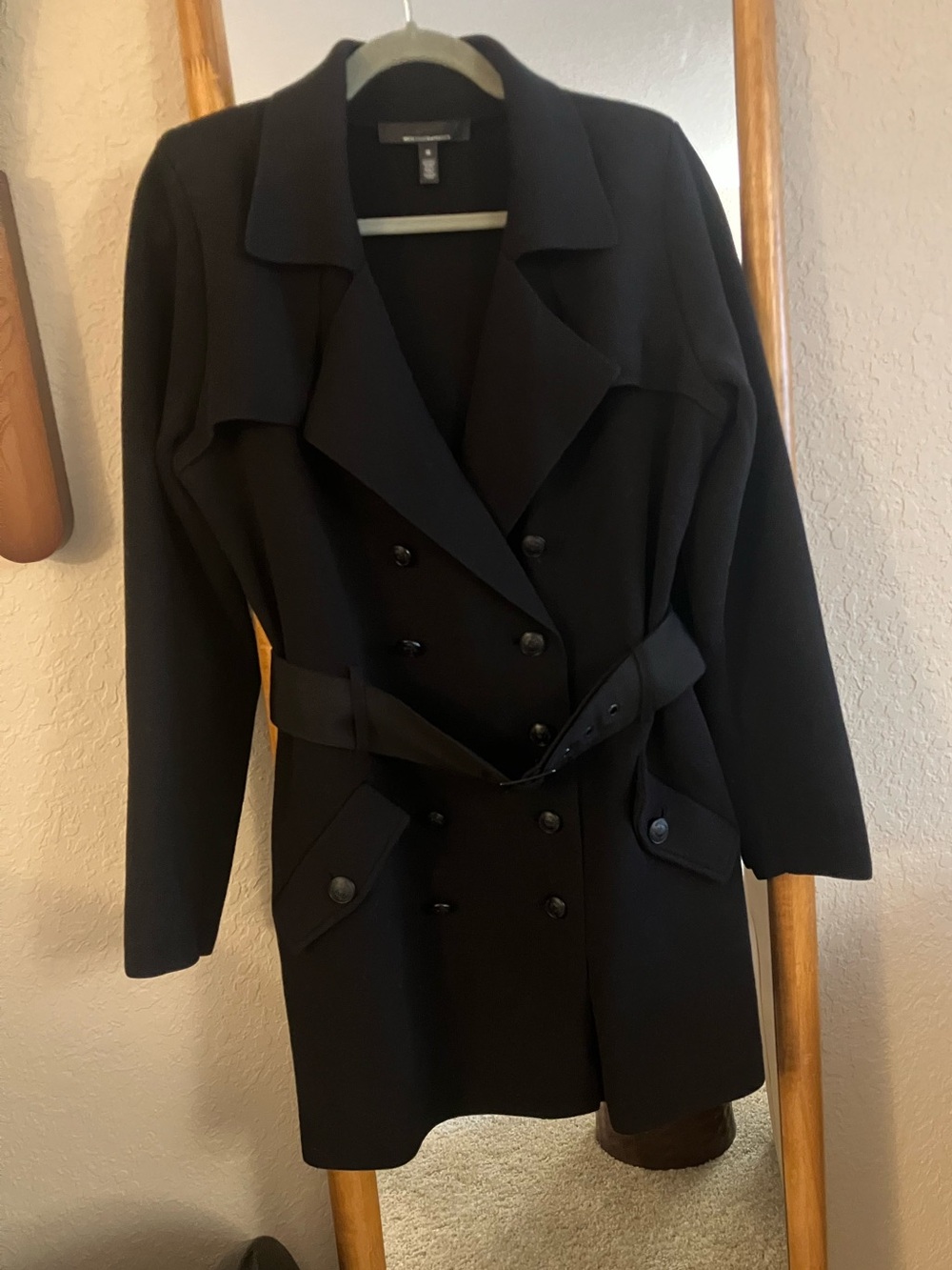 WHBM Black Double-Breasted Short Trench Coat with Belt